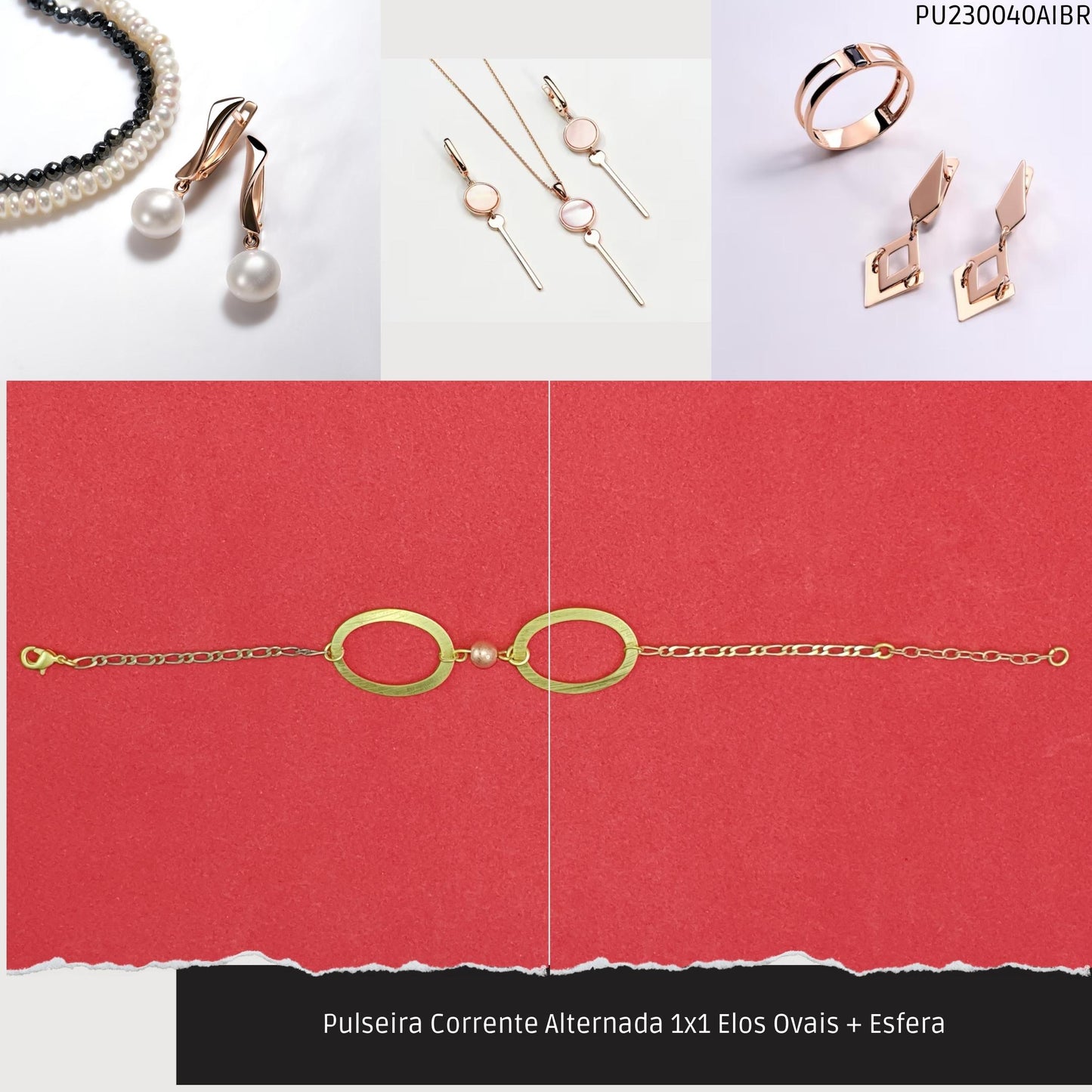 Pulseira Corrente Alternada 1x1 Elos Ovais + Esfera  - Código.: PU230040AIBR  - Peso.: 2.5 gr