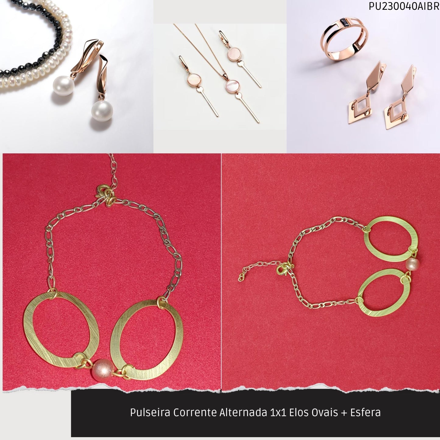 Pulseira Corrente Alternada 1x1 Elos Ovais + Esfera  - Código.: PU230040AIBR  - Peso.: 2.5 gr