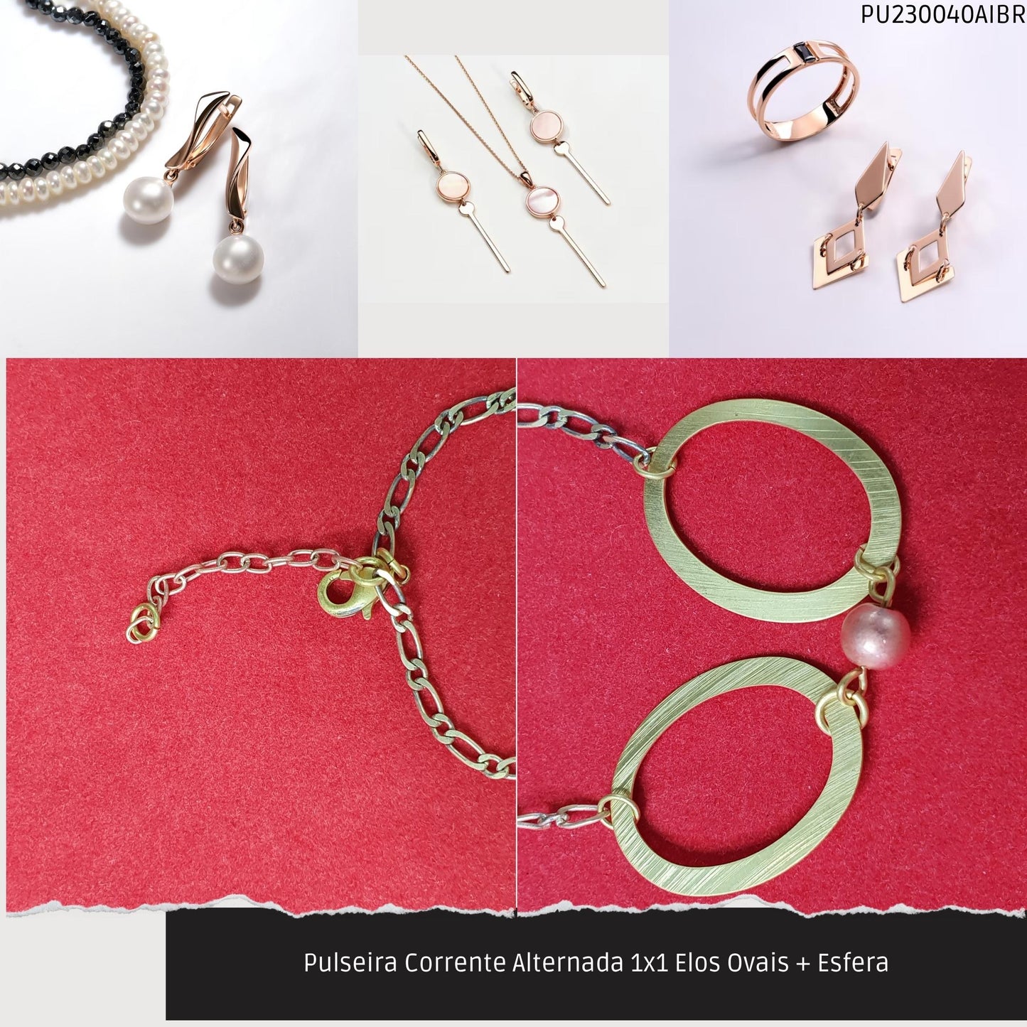 Pulseira Corrente Alternada 1x1 Elos Ovais + Esfera  - Código.: PU230040AIBR  - Peso.: 2.5 gr