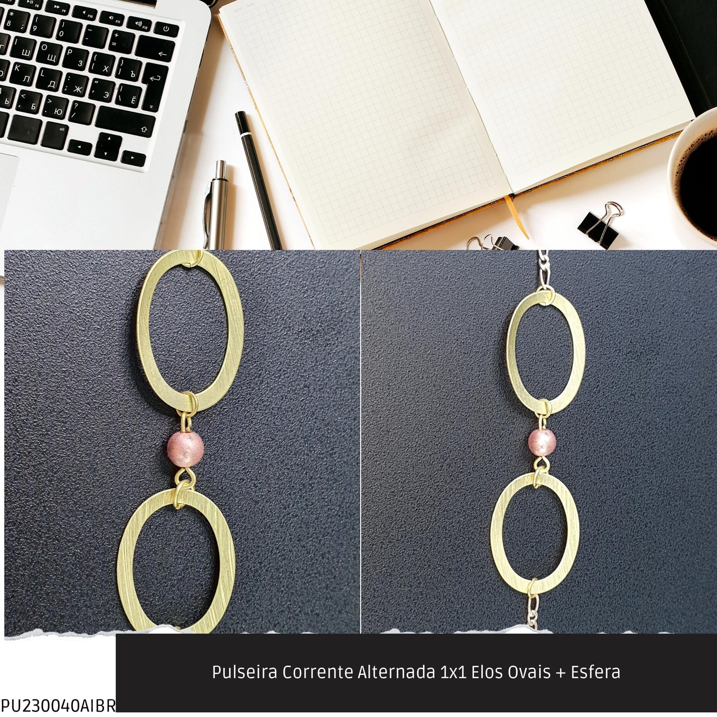 Pulseira Corrente Alternada 1x1 Elos Ovais + Esfera  - Código.: PU230040AIBR  - Peso.: 2.5 gr