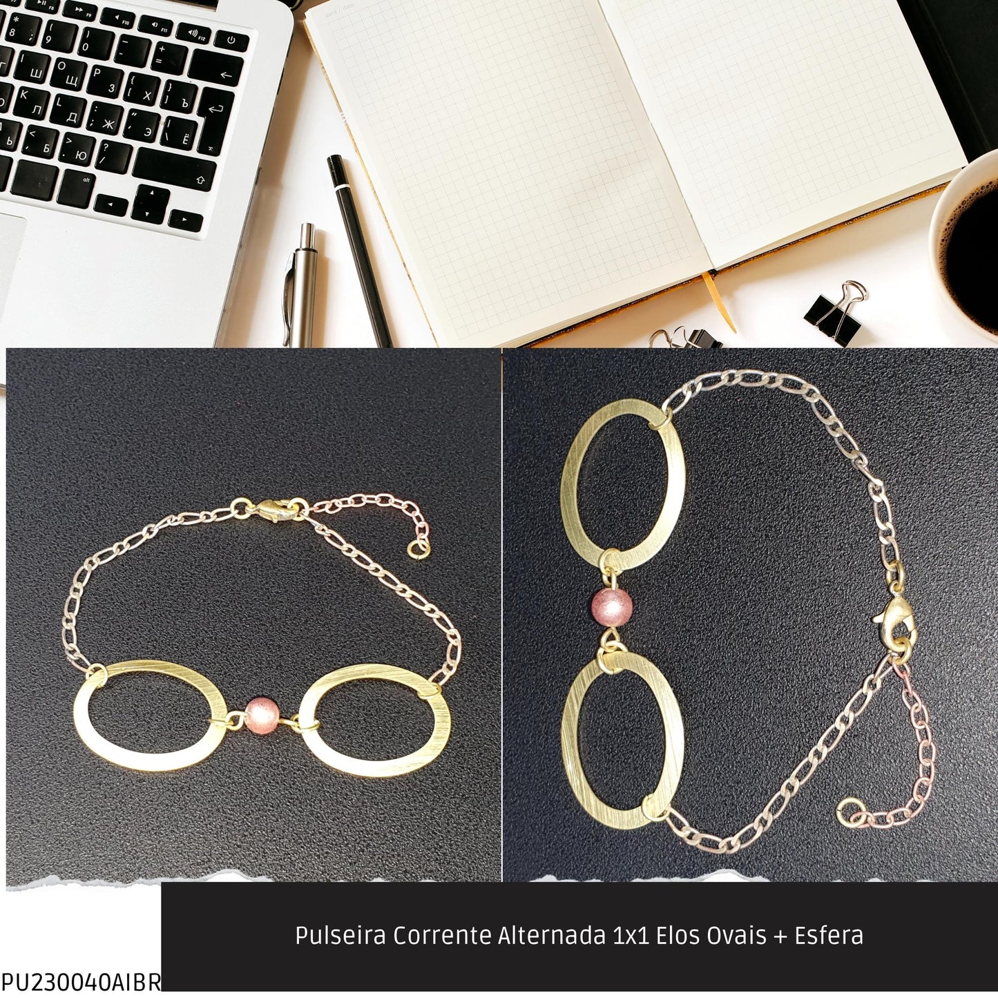 Pulseira Corrente Alternada 1x1 Elos Ovais + Esfera  - Código.: PU230040AIBR  - Peso.: 2.5 gr