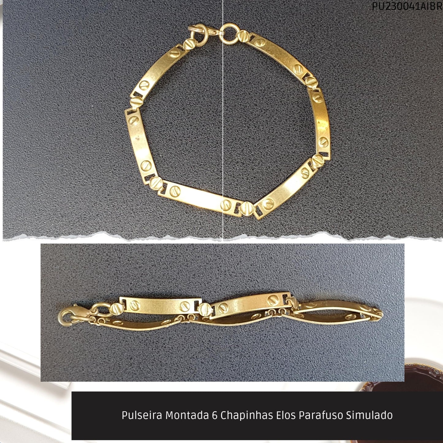 Pulseira Montada 6 Chapinhas Elos Parafuso Simulado  - Código.: PU230041AIBR  - Peso.: 5.2 gr