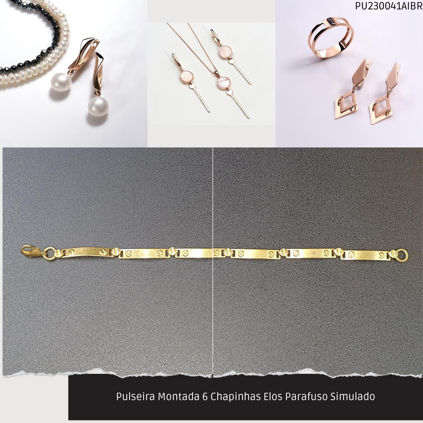 Pulseira Montada 6 Chapinhas Elos Parafuso Simulado  - Código.: PU230041AIBR  - Peso.: 5.2 gr