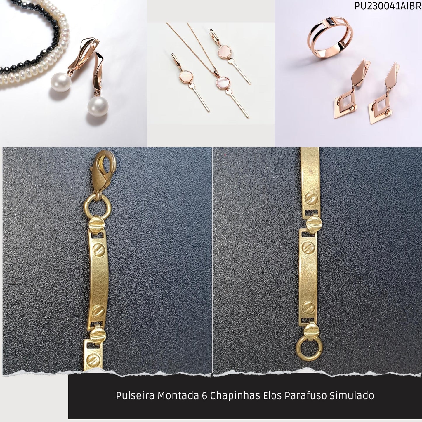Pulseira Montada 6 Chapinhas Elos Parafuso Simulado  - Código.: PU230041AIBR  - Peso.: 5.2 gr