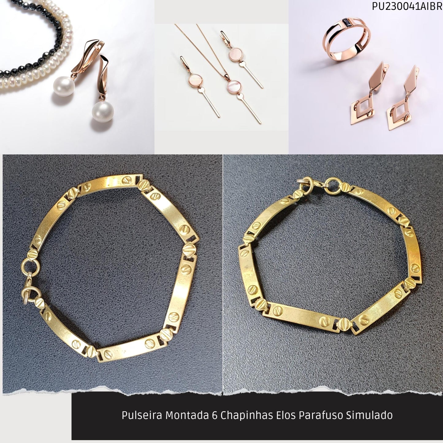Pulseira Montada 6 Chapinhas Elos Parafuso Simulado  - Código.: PU230041AIBR  - Peso.: 5.2 gr