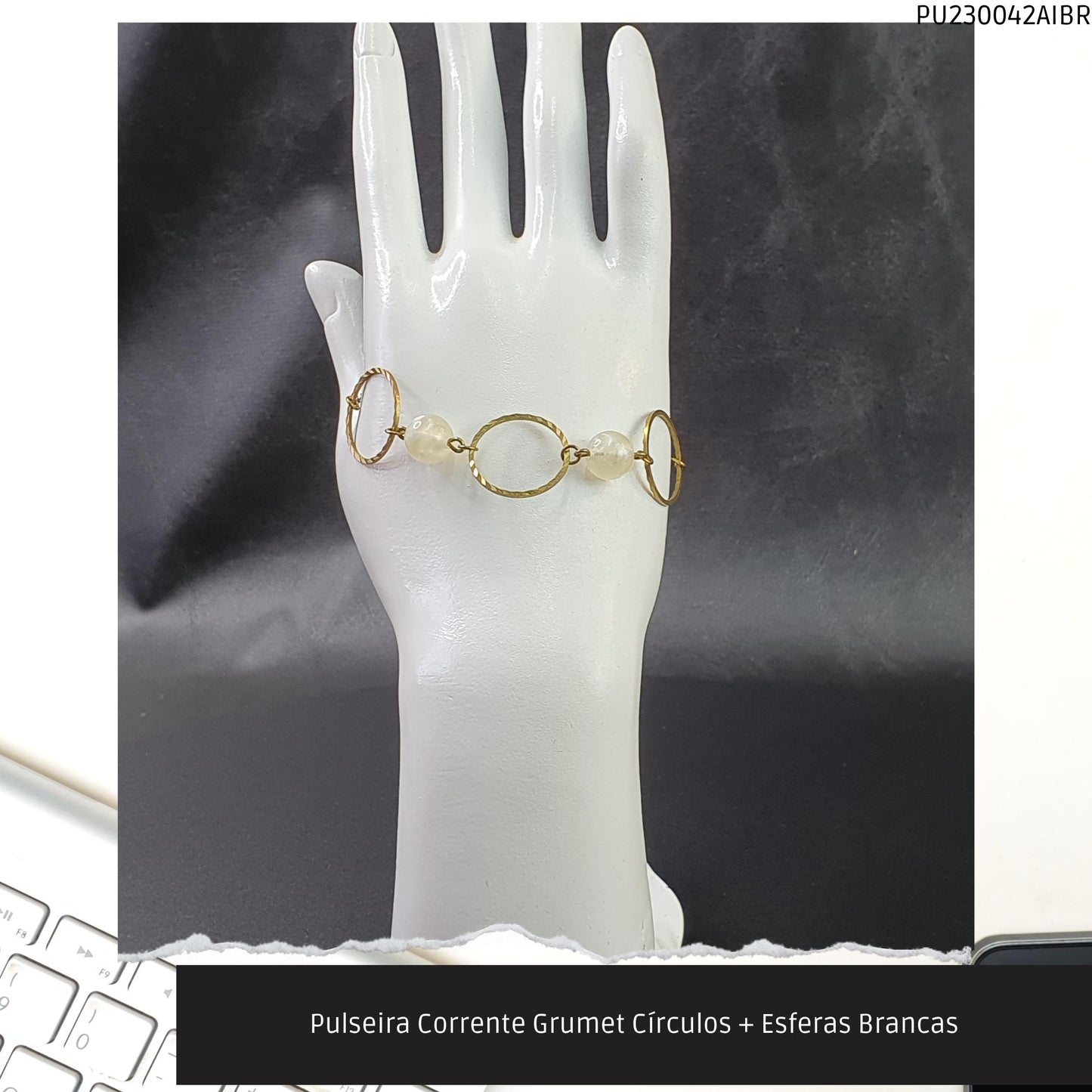 Pulseira Corrente Grumet Círculos + Esferas Brancas  - Código.: PU230042AIBR  - Peso.: 3.3 gr