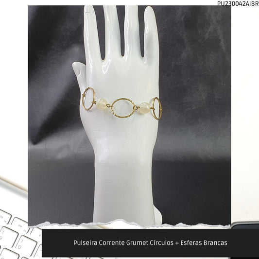 Pulseira Corrente Grumet Círculos + Esferas Brancas  - Código.: PU230042AIBR  - Peso.: 3.3 gr