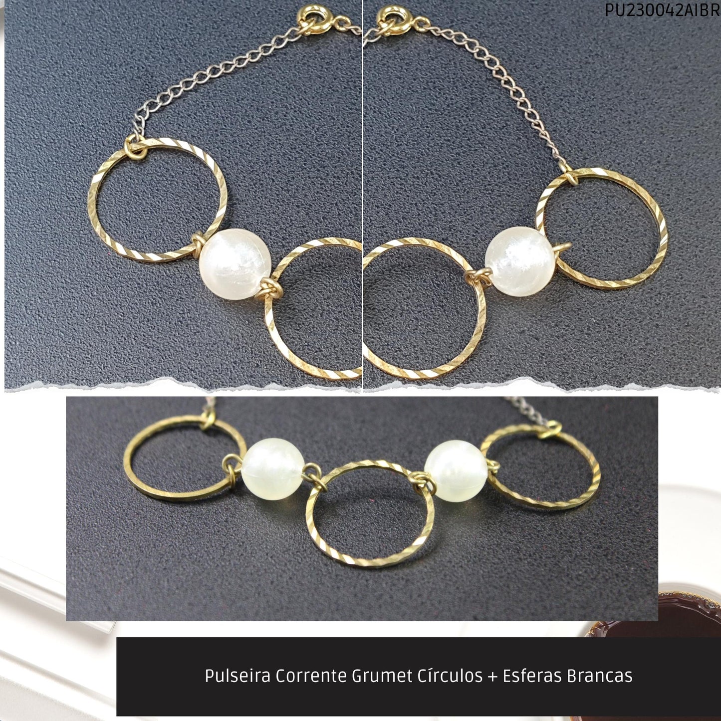 Pulseira Corrente Grumet Círculos + Esferas Brancas  - Código.: PU230042AIBR  - Peso.: 3.3 gr