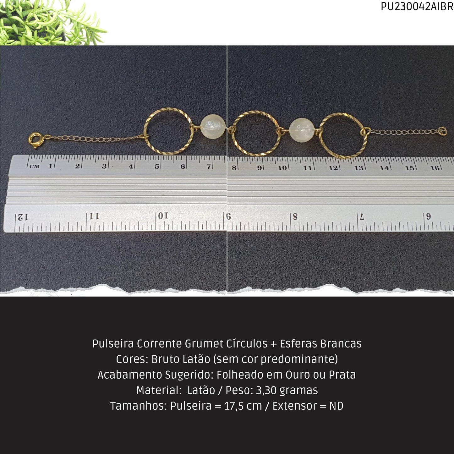 Pulseira Corrente Grumet Círculos + Esferas Brancas  - Código.: PU230042AIBR  - Peso.: 3.3 gr