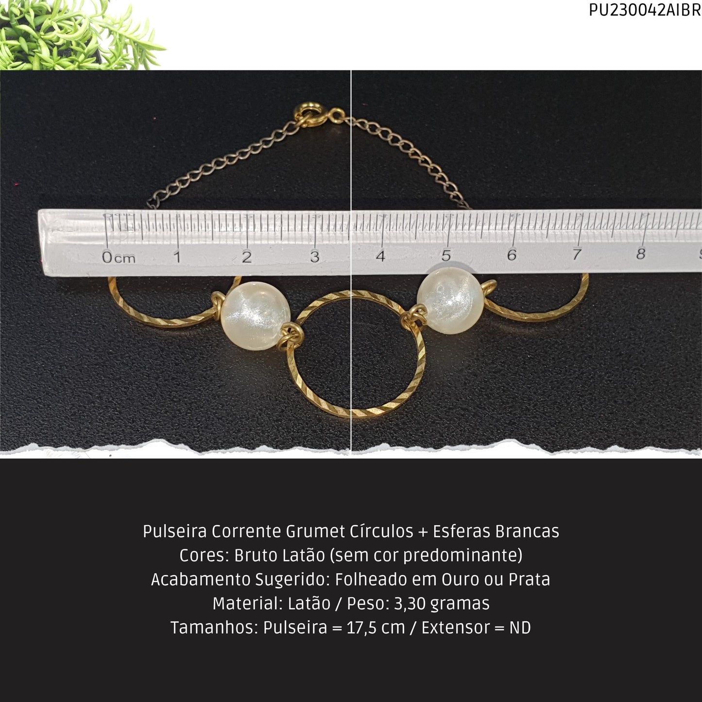 Pulseira Corrente Grumet Círculos + Esferas Brancas  - Código.: PU230042AIBR  - Peso.: 3.3 gr