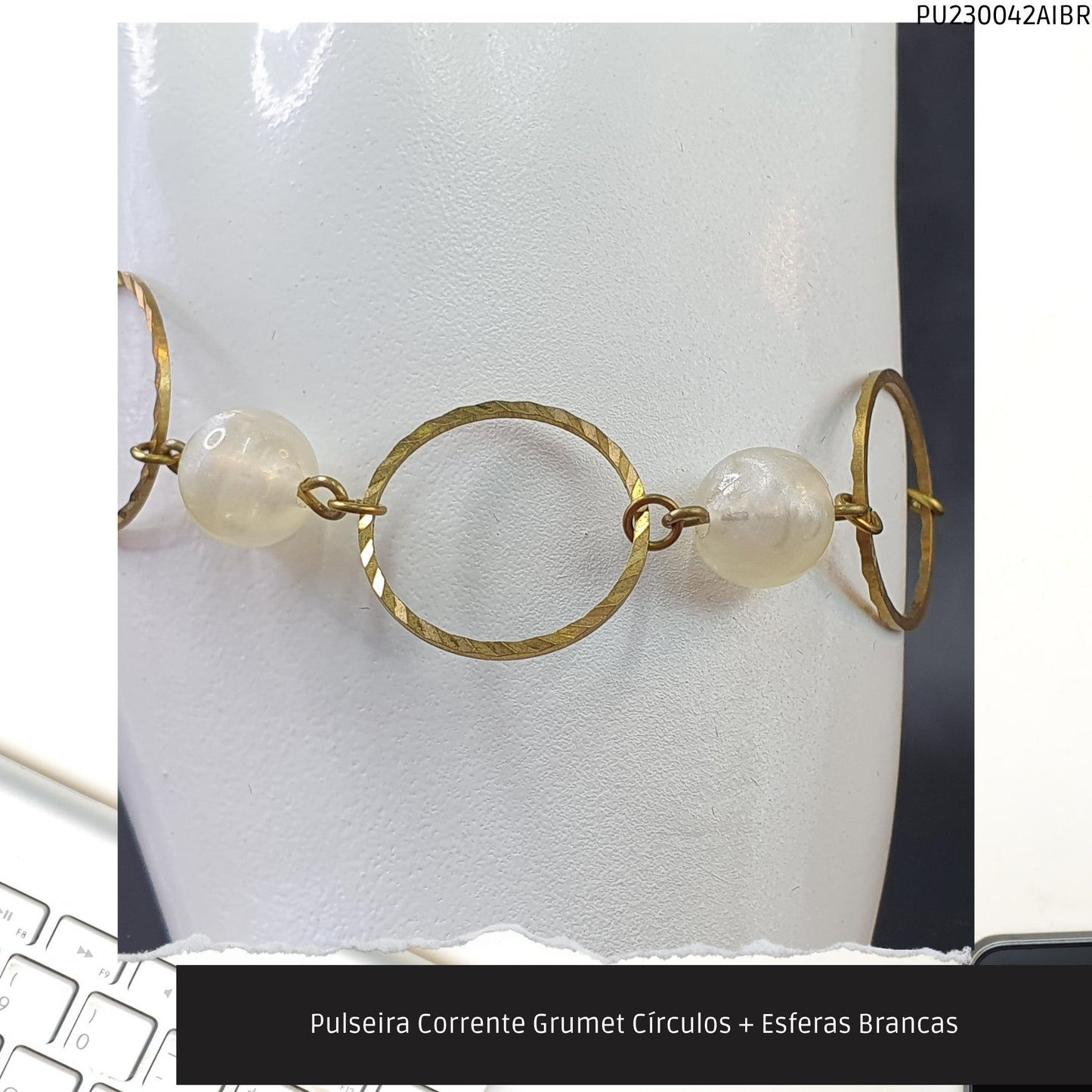 Pulseira Corrente Grumet Círculos + Esferas Brancas  - Código.: PU230042AIBR  - Peso.: 3.3 gr