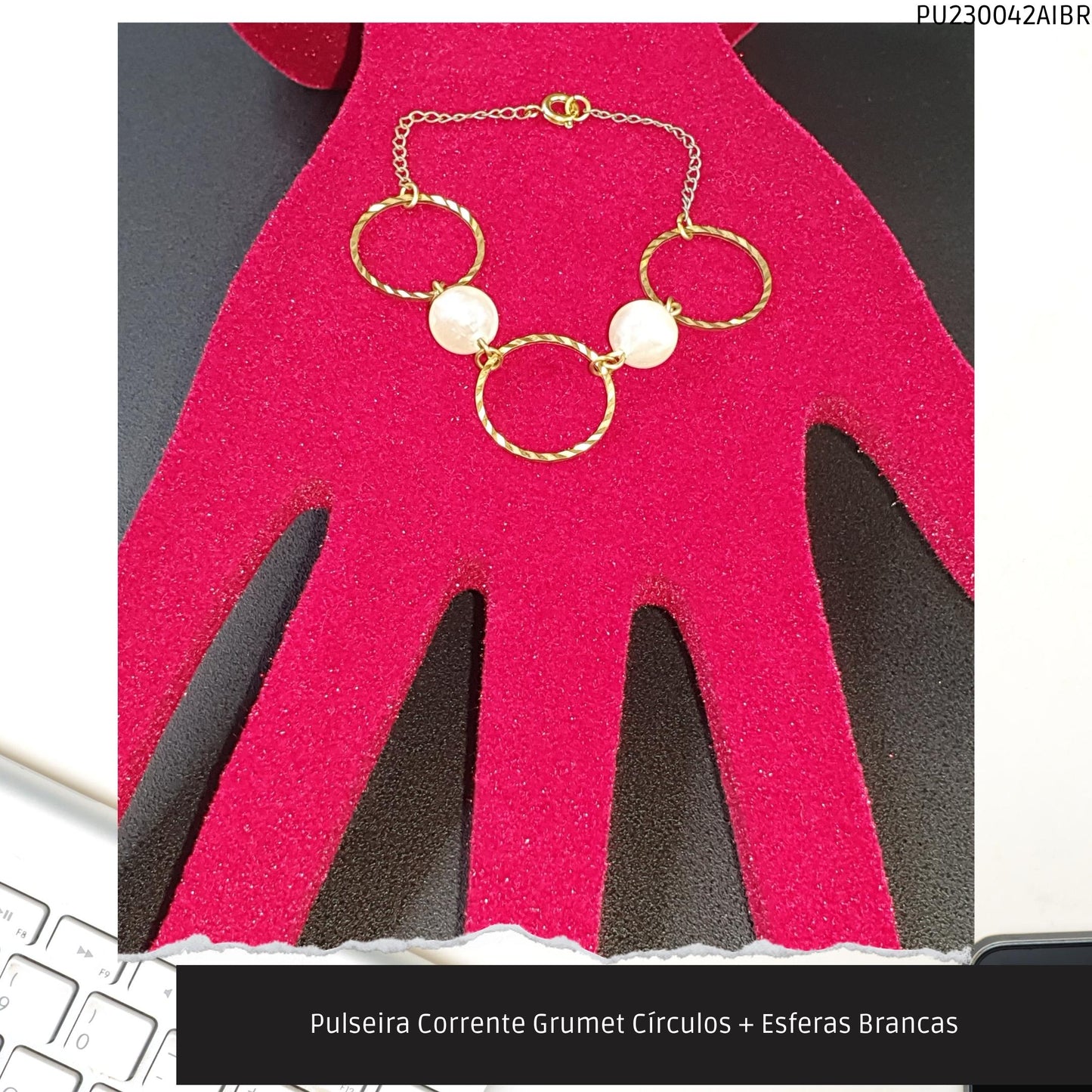 Pulseira Corrente Grumet Círculos + Esferas Brancas  - Código.: PU230042AIBR  - Peso.: 3.3 gr