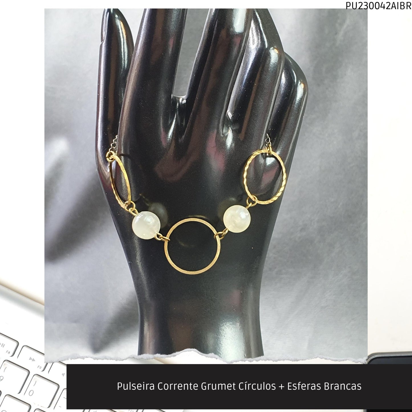 Pulseira Corrente Grumet Círculos + Esferas Brancas  - Código.: PU230042AIBR  - Peso.: 3.3 gr