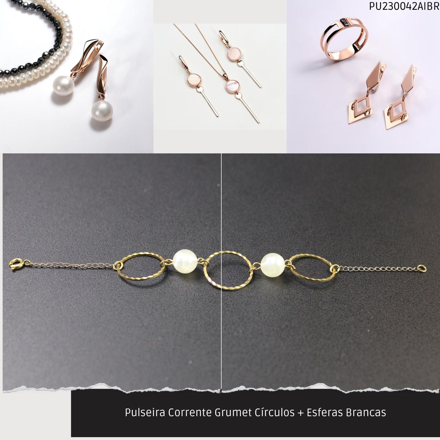 Pulseira Corrente Grumet Círculos + Esferas Brancas  - Código.: PU230042AIBR  - Peso.: 3.3 gr