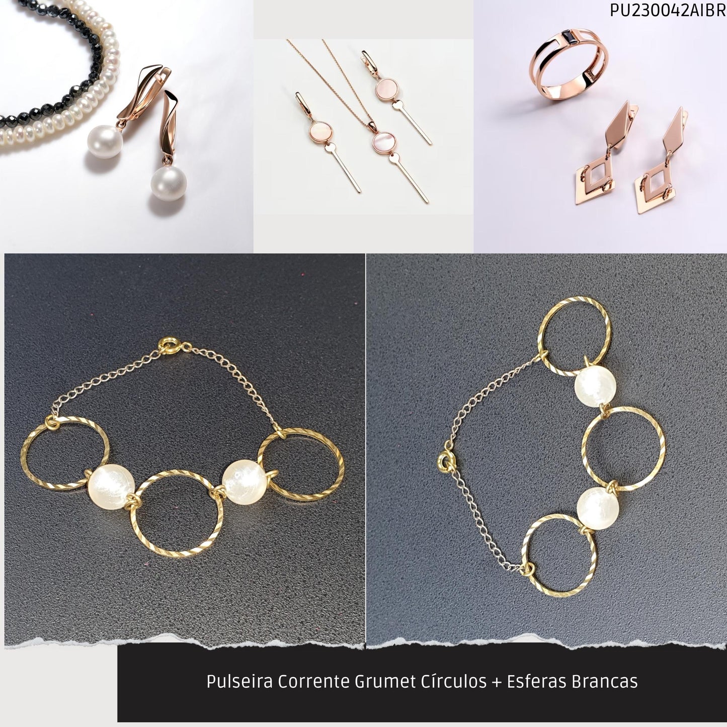 Pulseira Corrente Grumet Círculos + Esferas Brancas  - Código.: PU230042AIBR  - Peso.: 3.3 gr