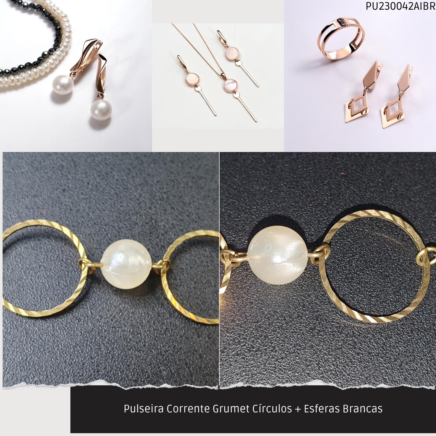 Pulseira Corrente Grumet Círculos + Esferas Brancas  - Código.: PU230042AIBR  - Peso.: 3.3 gr