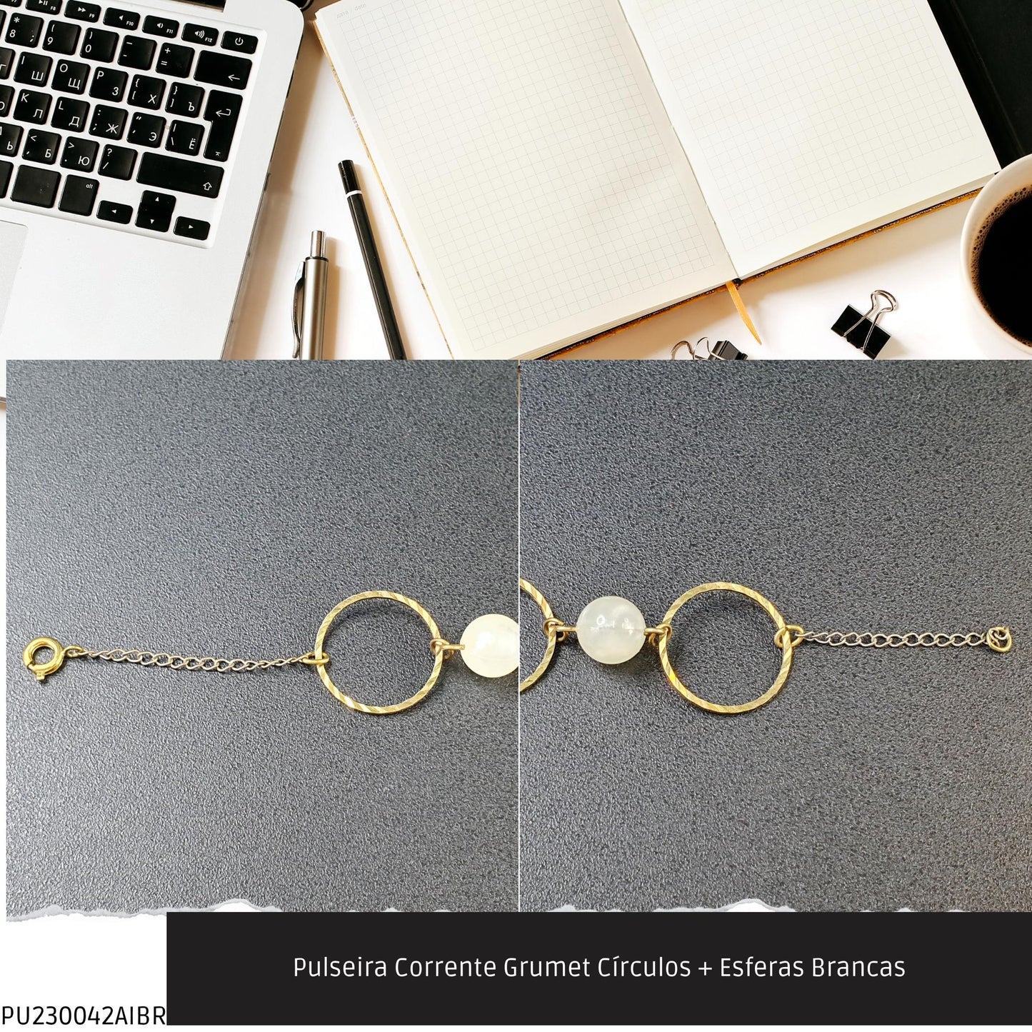 Pulseira Corrente Grumet Círculos + Esferas Brancas  - Código.: PU230042AIBR  - Peso.: 3.3 gr