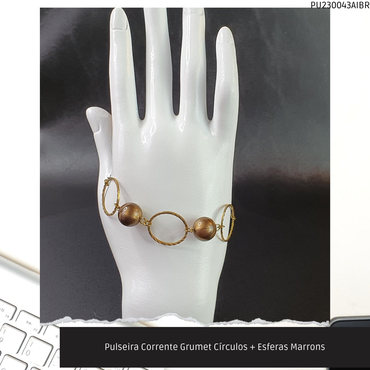 Pulseira Corrente Grumet Círculos + Esferas Marrons  - Código.: PU230043AIBR  - Peso.: 3.9 gr