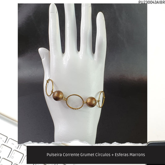 Pulseira Corrente Grumet Círculos + Esferas Marrons  - Código.: PU230043AIBR  - Peso.: 3.9 gr