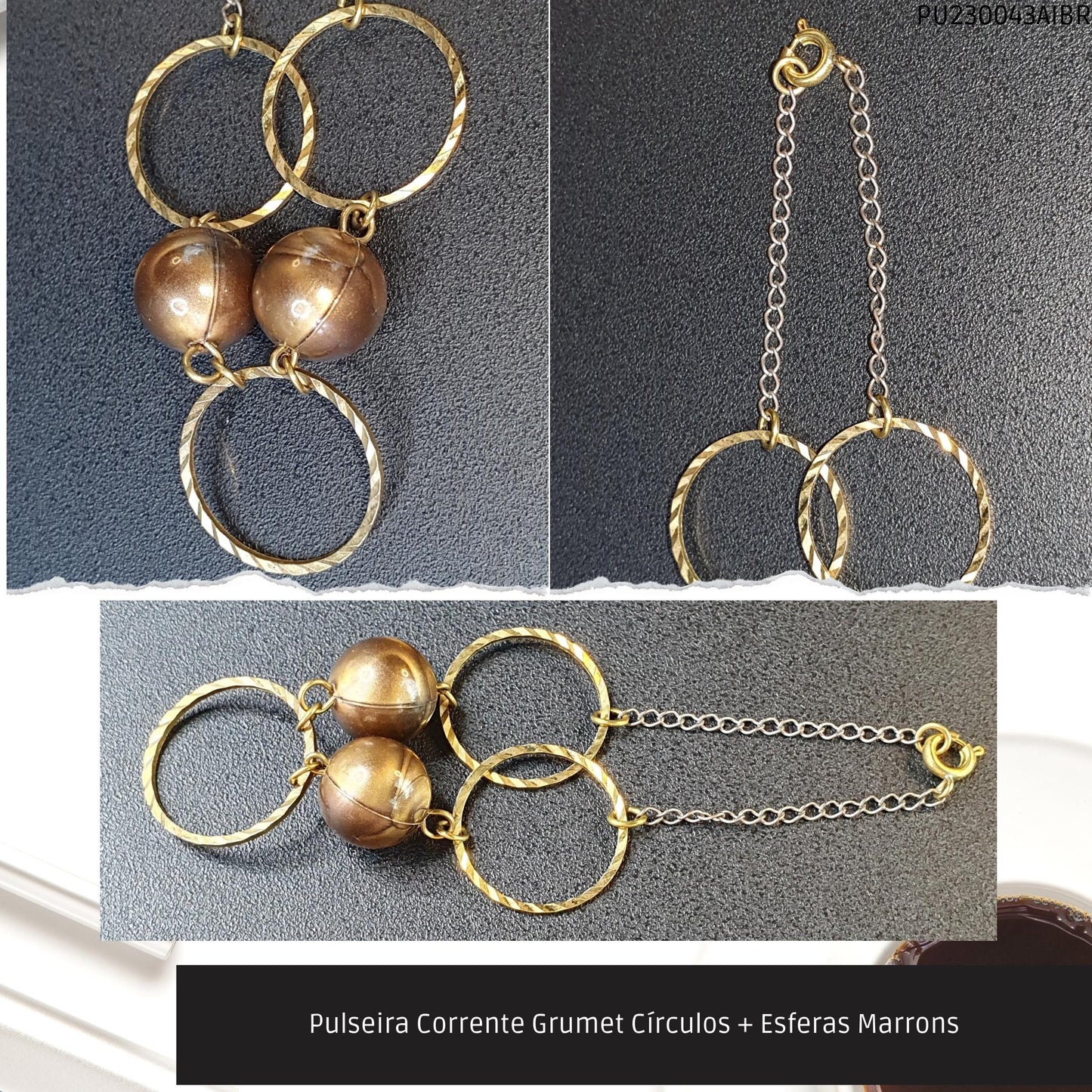 Pulseira Corrente Grumet Círculos + Esferas Marrons  - Código.: PU230043AIBR  - Peso.: 3.9 gr