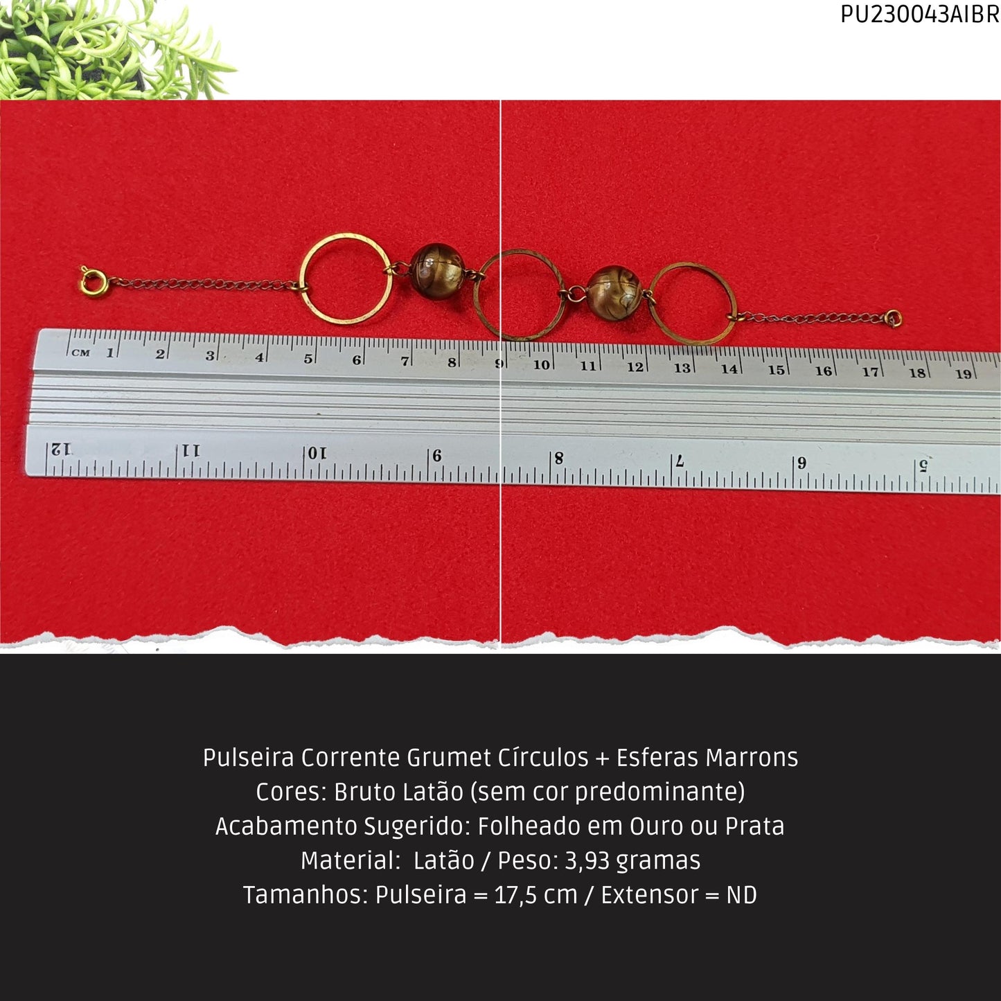 Pulseira Corrente Grumet Círculos + Esferas Marrons  - Código.: PU230043AIBR  - Peso.: 3.9 gr
