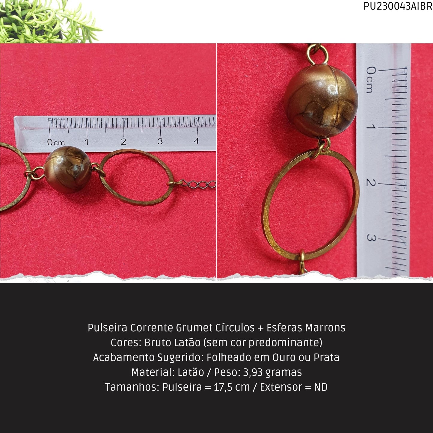 Pulseira Corrente Grumet Círculos + Esferas Marrons  - Código.: PU230043AIBR  - Peso.: 3.9 gr