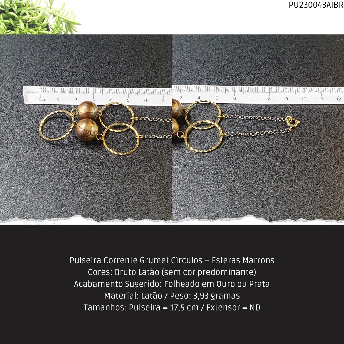 Pulseira Corrente Grumet Círculos + Esferas Marrons  - Código.: PU230043AIBR  - Peso.: 3.9 gr