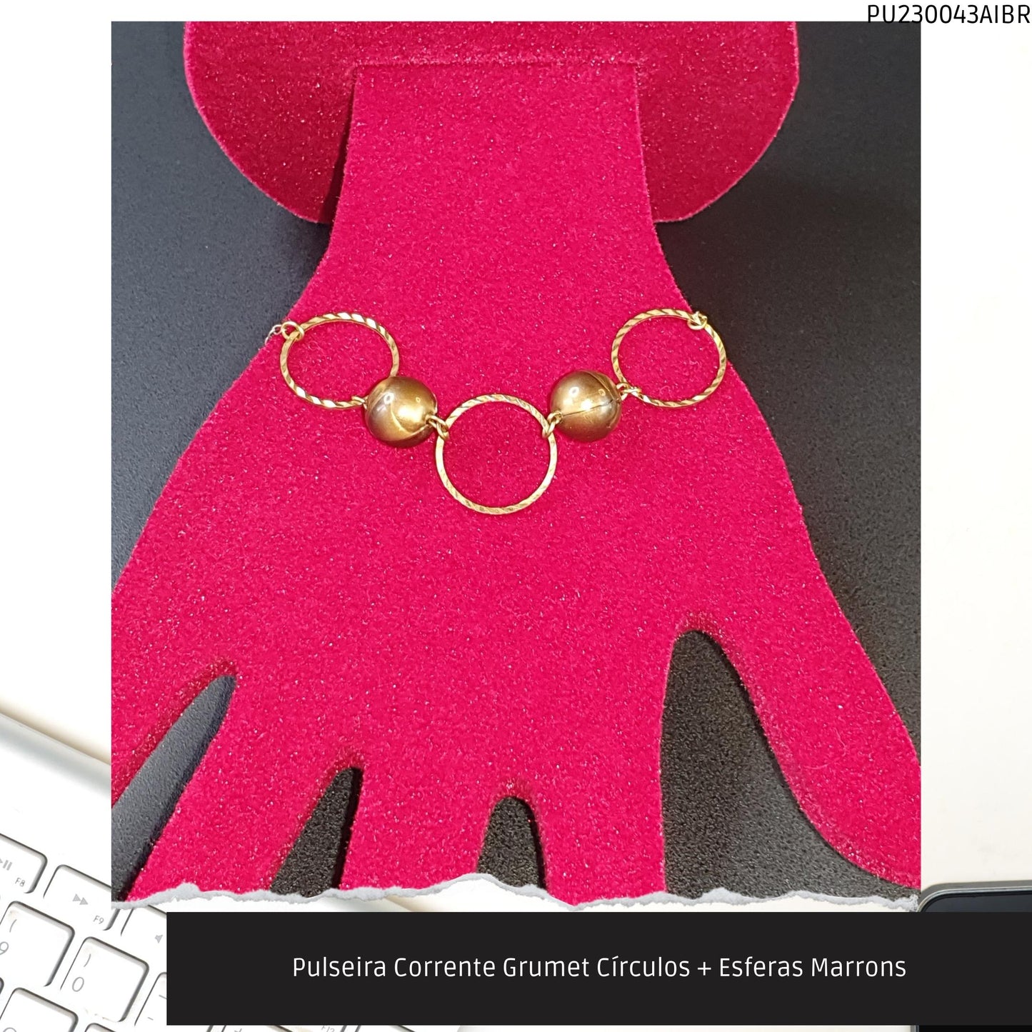 Pulseira Corrente Grumet Círculos + Esferas Marrons  - Código.: PU230043AIBR  - Peso.: 3.9 gr