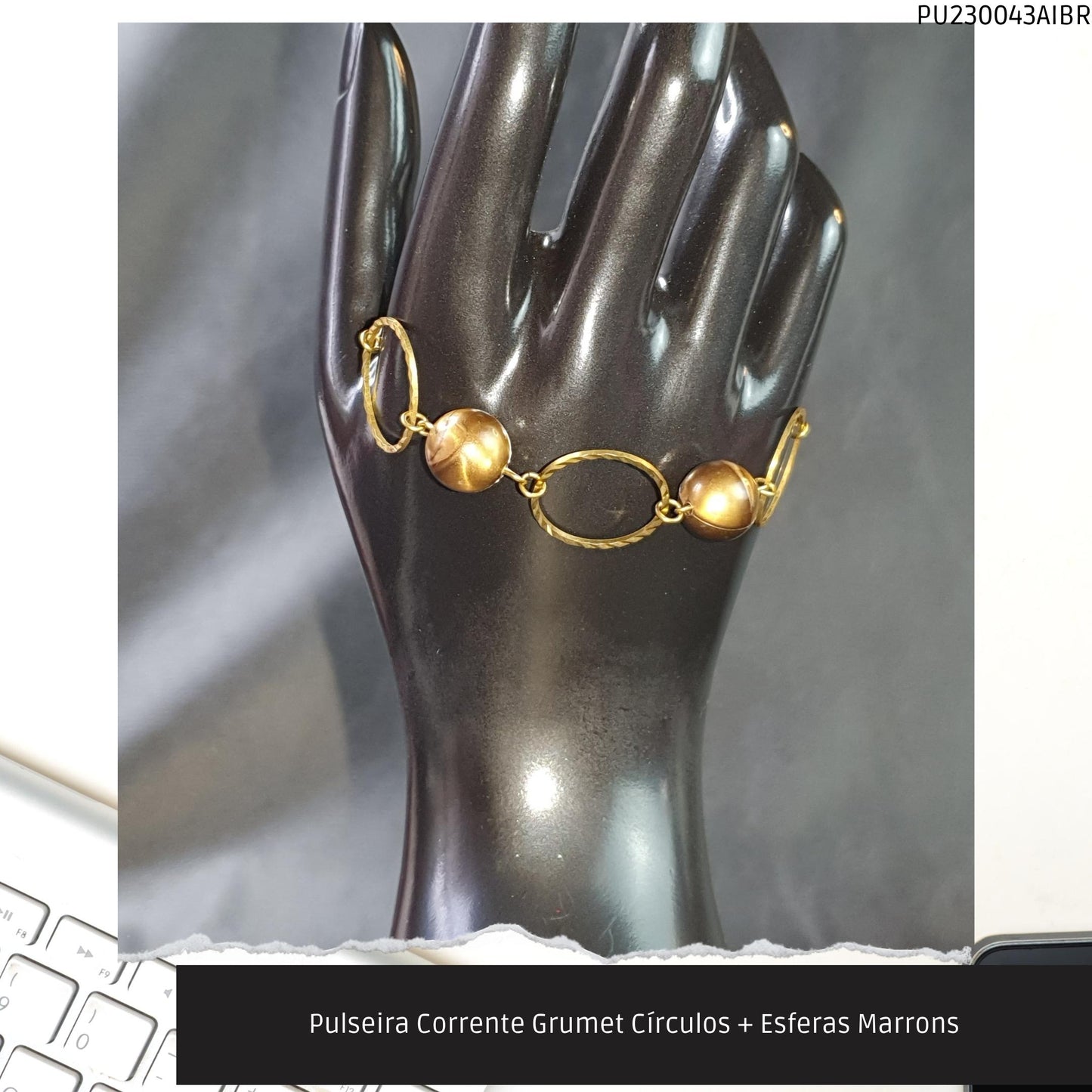 Pulseira Corrente Grumet Círculos + Esferas Marrons  - Código.: PU230043AIBR  - Peso.: 3.9 gr
