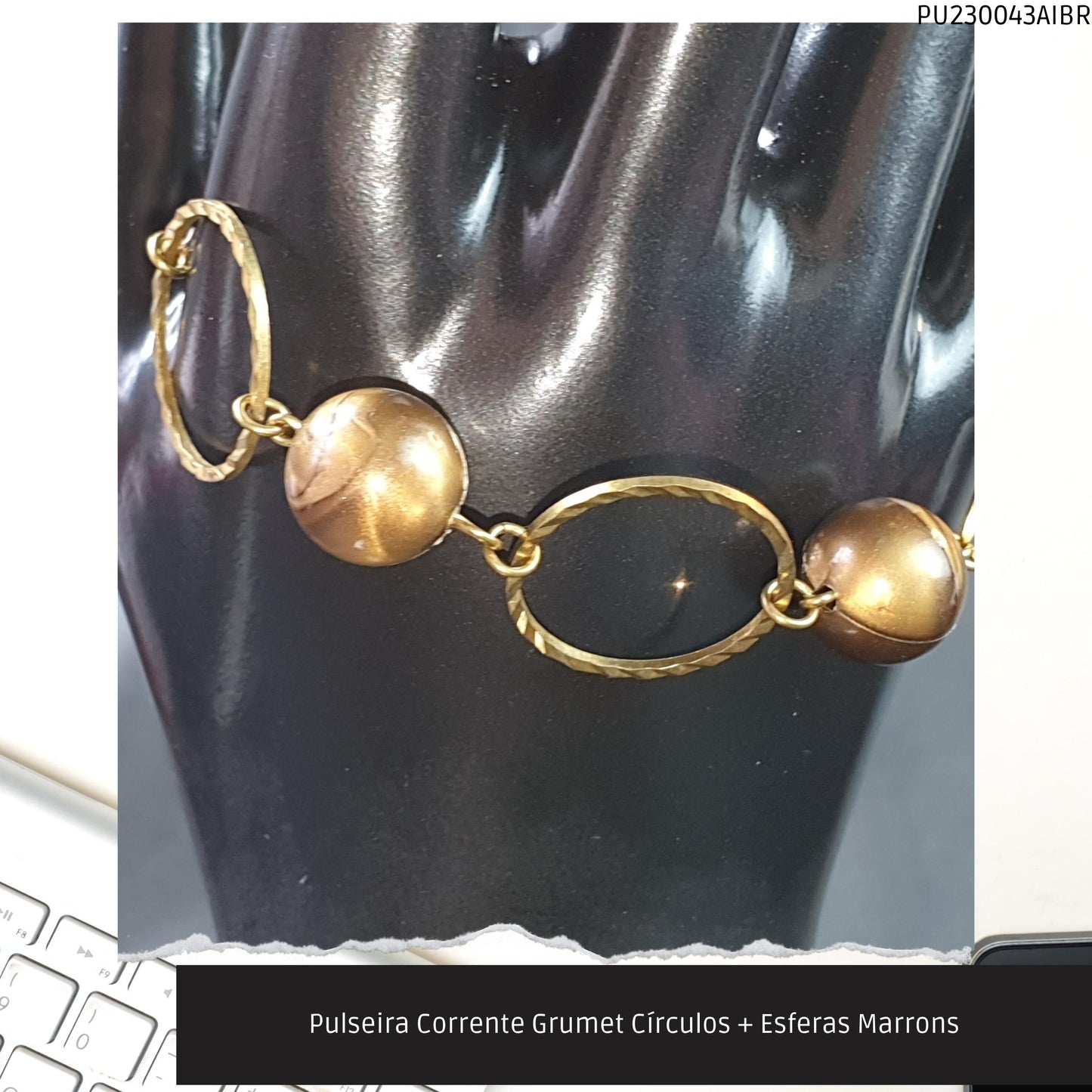 Pulseira Corrente Grumet Círculos + Esferas Marrons  - Código.: PU230043AIBR  - Peso.: 3.9 gr