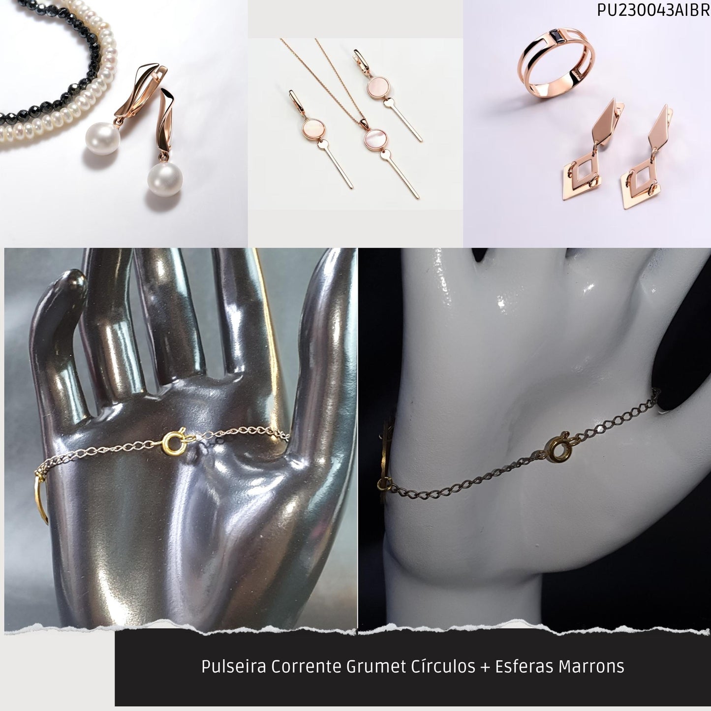 Pulseira Corrente Grumet Círculos + Esferas Marrons  - Código.: PU230043AIBR  - Peso.: 3.9 gr