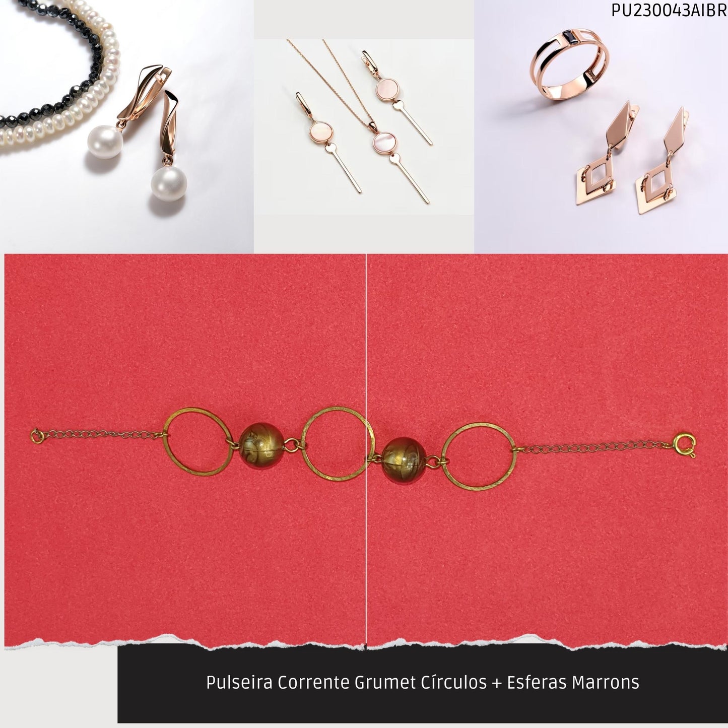 Pulseira Corrente Grumet Círculos + Esferas Marrons  - Código.: PU230043AIBR  - Peso.: 3.9 gr