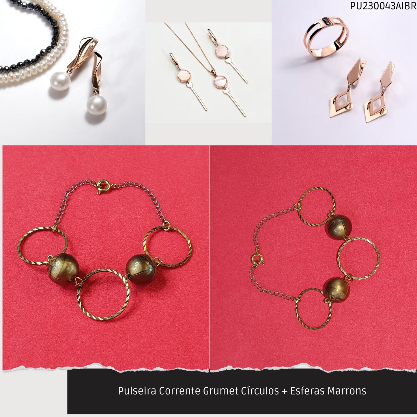Pulseira Corrente Grumet Círculos + Esferas Marrons  - Código.: PU230043AIBR  - Peso.: 3.9 gr