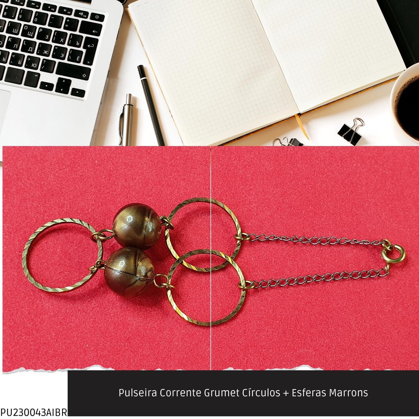 Pulseira Corrente Grumet Círculos + Esferas Marrons  - Código.: PU230043AIBR  - Peso.: 3.9 gr