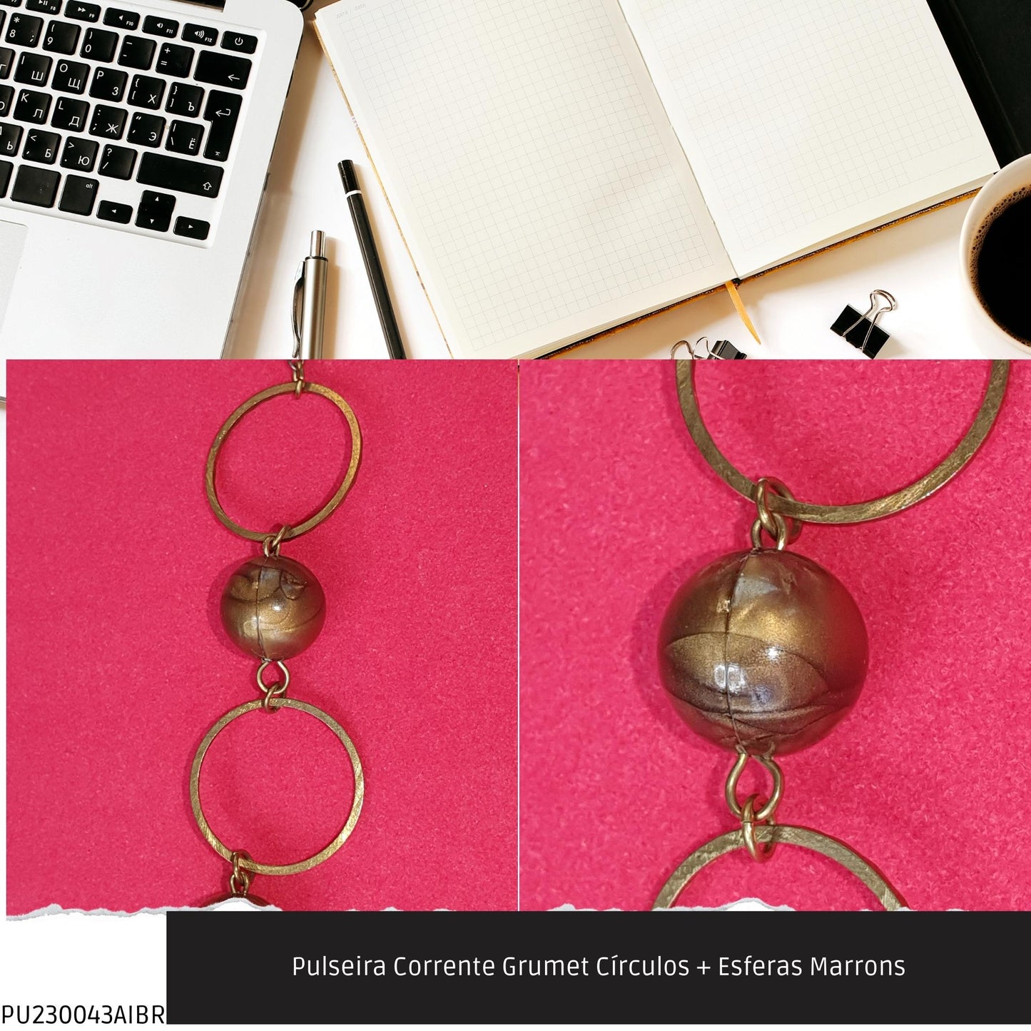 Pulseira Corrente Grumet Círculos + Esferas Marrons  - Código.: PU230043AIBR  - Peso.: 3.9 gr