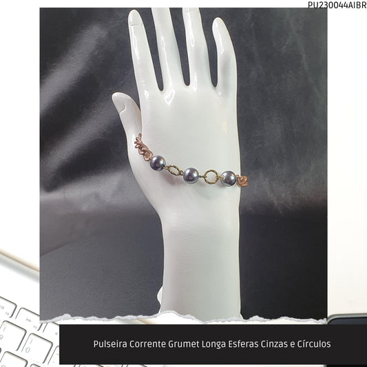 Pulseira Corrente Grumet Longa Esferas Cinzas e Círculos   - Código.: PU230044AIBR  - Peso.: 7.9 gr