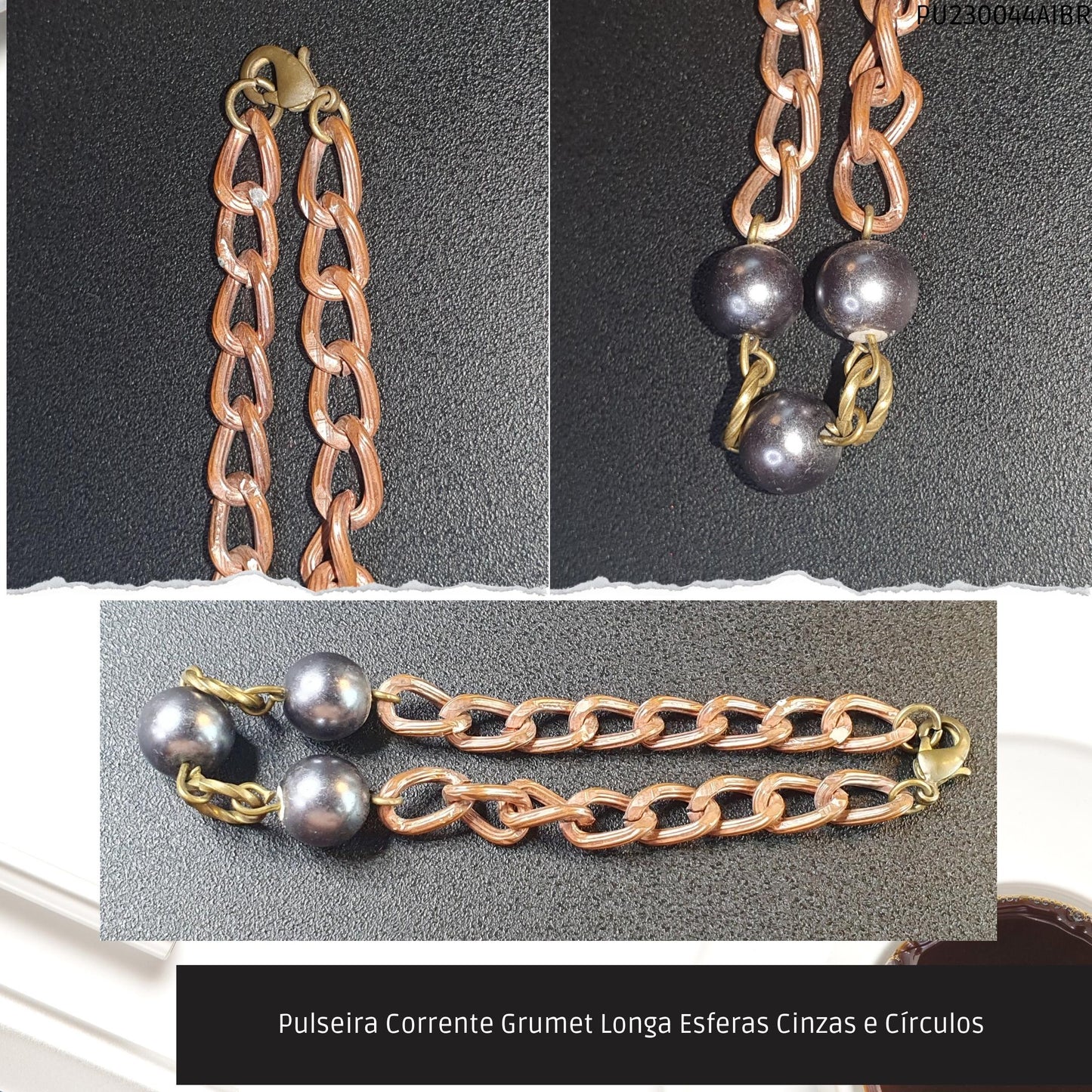 Pulseira Corrente Grumet Longa Esferas Cinzas e Círculos   - Código.: PU230044AIBR  - Peso.: 7.9 gr