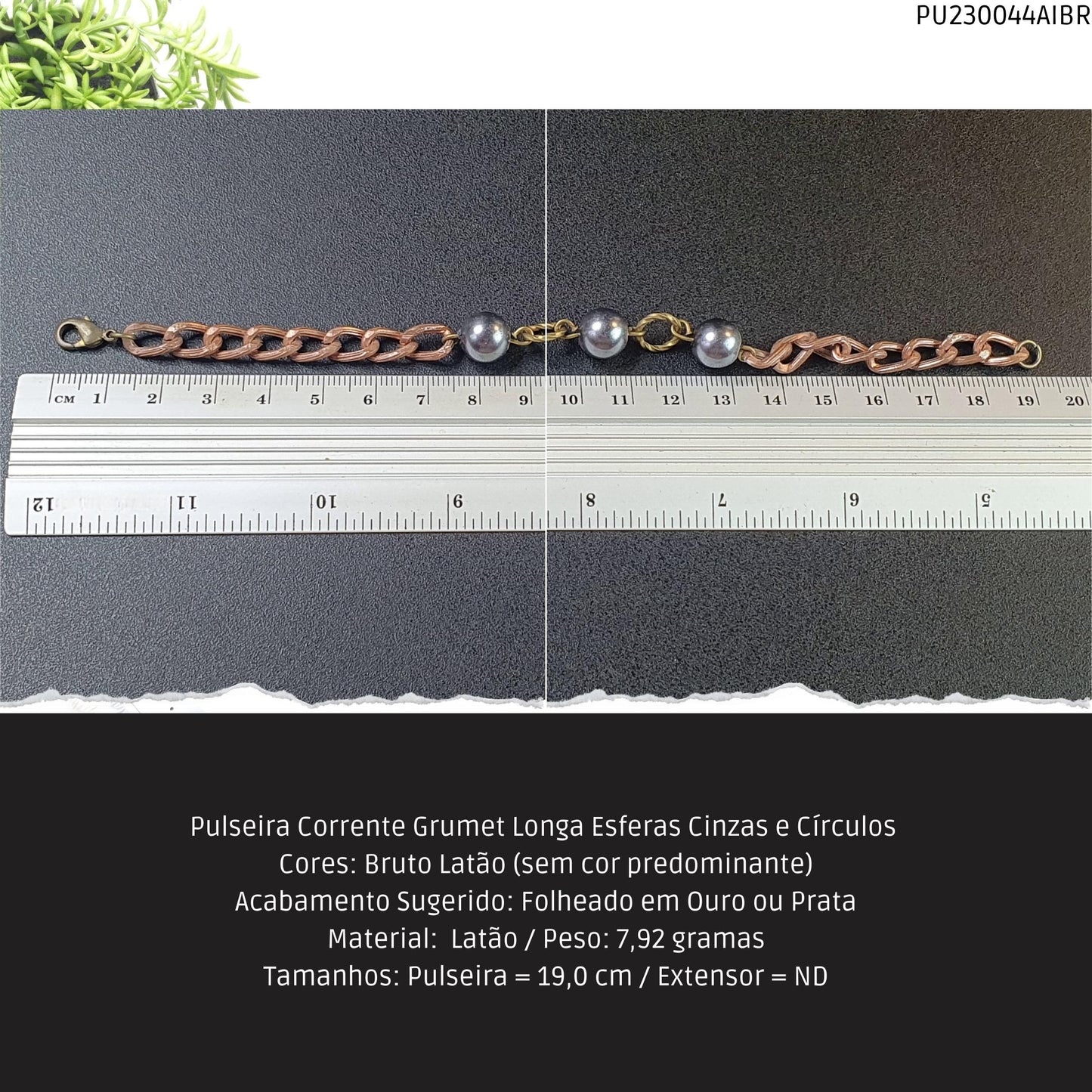 Pulseira Corrente Grumet Longa Esferas Cinzas e Círculos   - Código.: PU230044AIBR  - Peso.: 7.9 gr