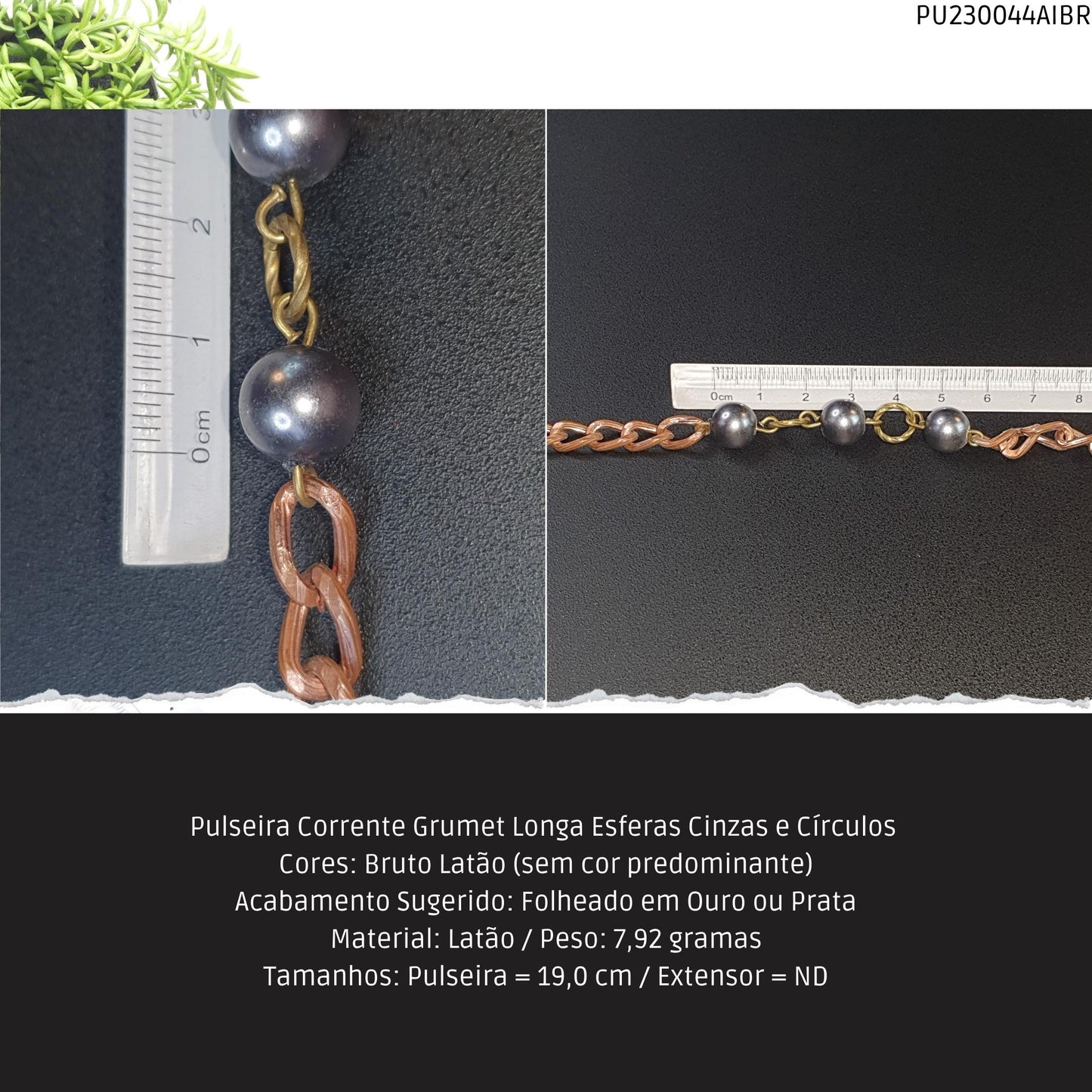 Pulseira Corrente Grumet Longa Esferas Cinzas e Círculos   - Código.: PU230044AIBR  - Peso.: 7.9 gr