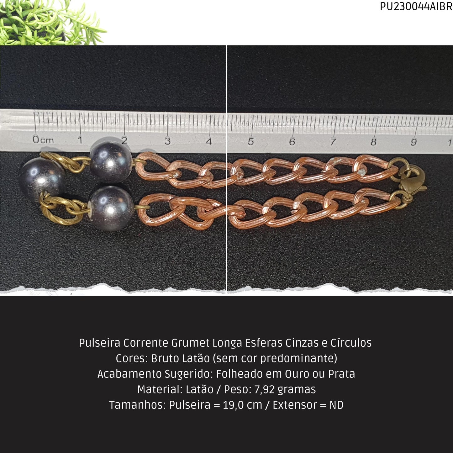 Pulseira Corrente Grumet Longa Esferas Cinzas e Círculos   - Código.: PU230044AIBR  - Peso.: 7.9 gr