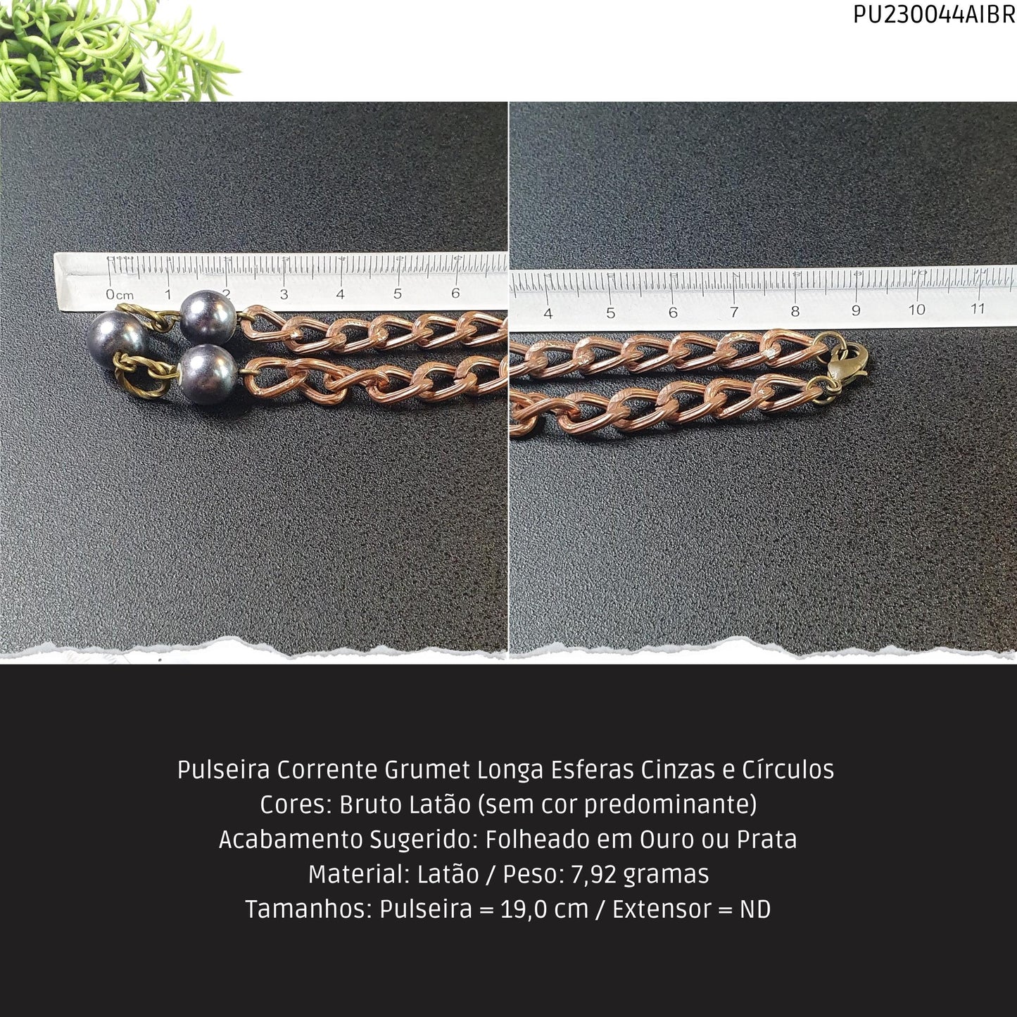 Pulseira Corrente Grumet Longa Esferas Cinzas e Círculos   - Código.: PU230044AIBR  - Peso.: 7.9 gr