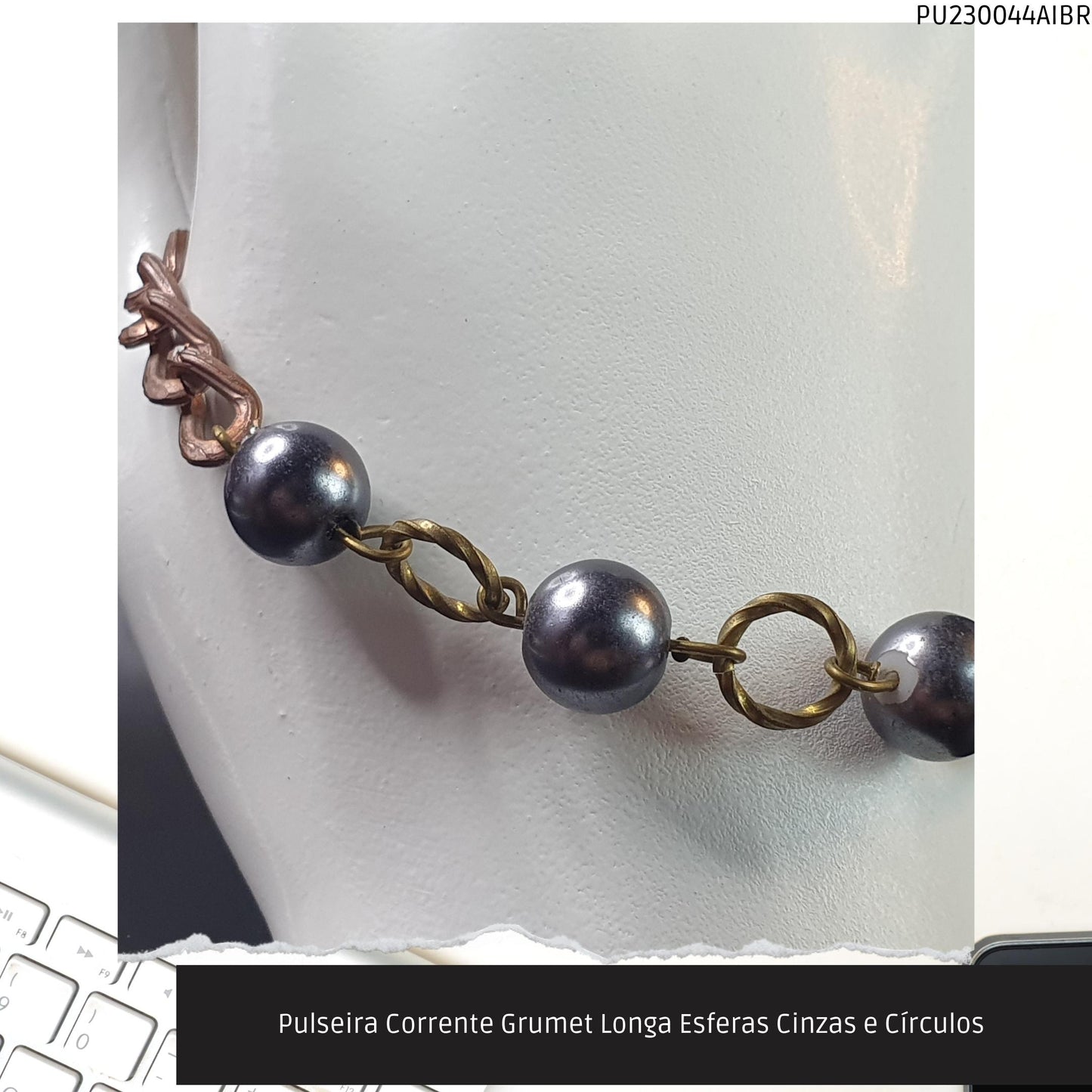 Pulseira Corrente Grumet Longa Esferas Cinzas e Círculos   - Código.: PU230044AIBR  - Peso.: 7.9 gr