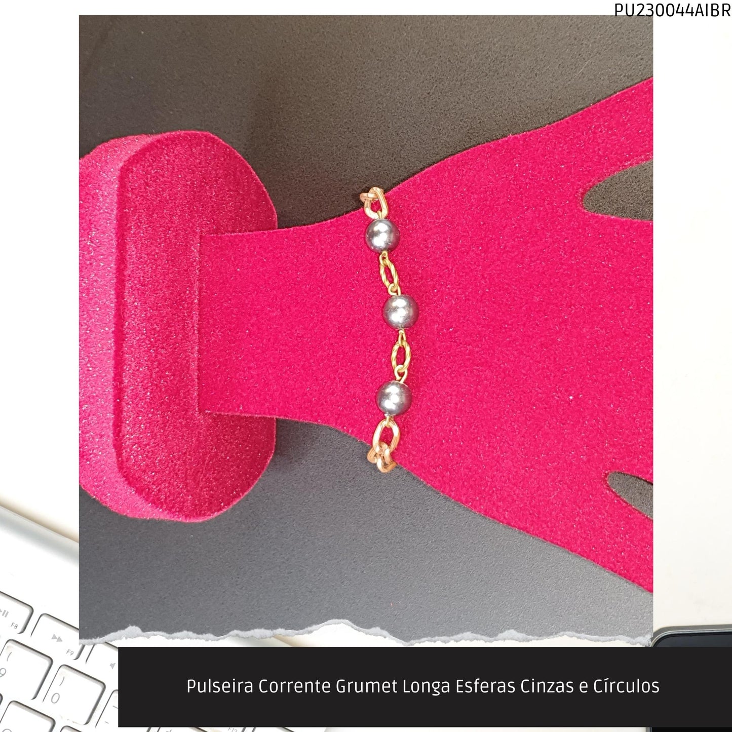 Pulseira Corrente Grumet Longa Esferas Cinzas e Círculos   - Código.: PU230044AIBR  - Peso.: 7.9 gr