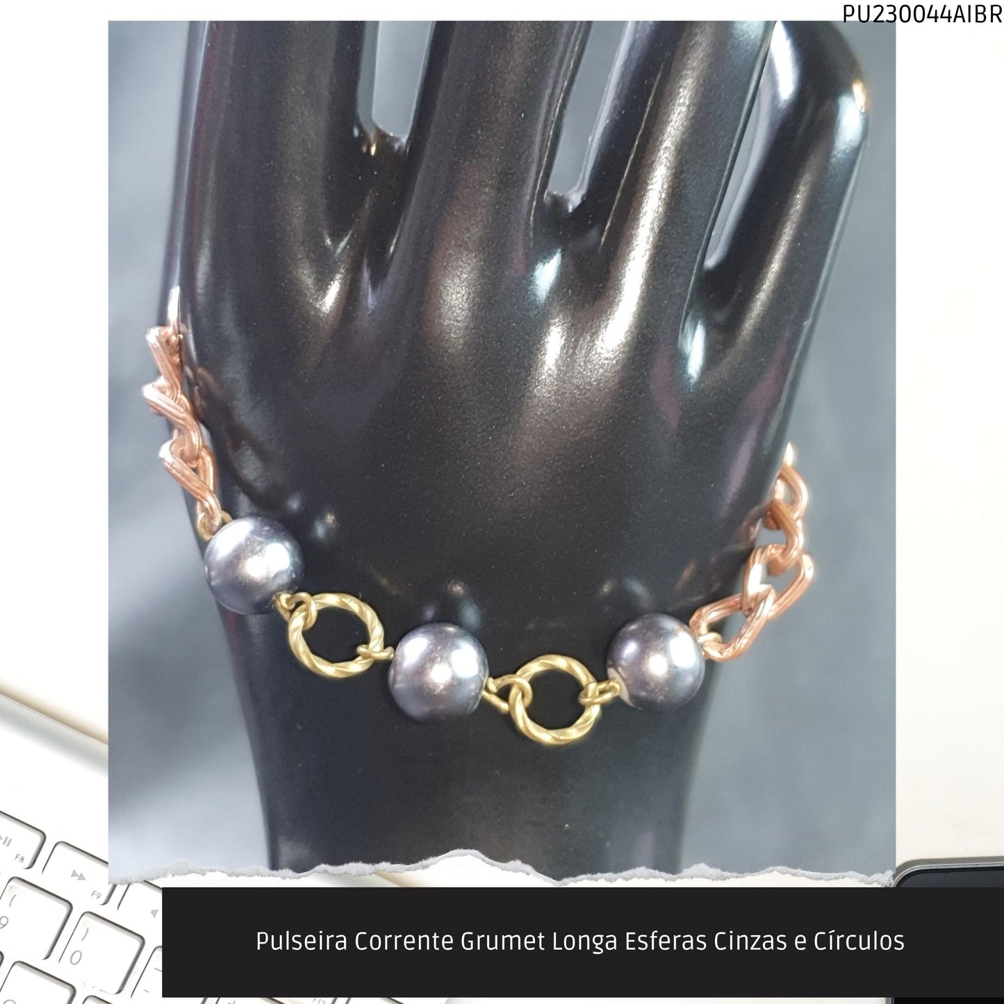 Pulseira Corrente Grumet Longa Esferas Cinzas e Círculos   - Código.: PU230044AIBR  - Peso.: 7.9 gr