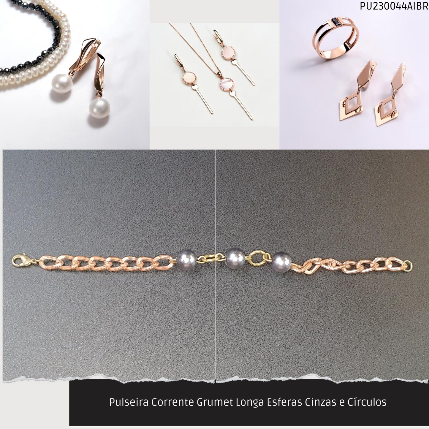 Pulseira Corrente Grumet Longa Esferas Cinzas e Círculos   - Código.: PU230044AIBR  - Peso.: 7.9 gr