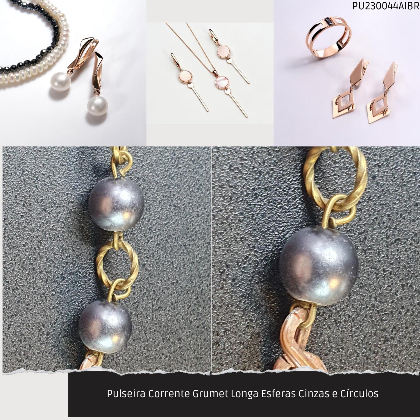 Pulseira Corrente Grumet Longa Esferas Cinzas e Círculos   - Código.: PU230044AIBR  - Peso.: 7.9 gr