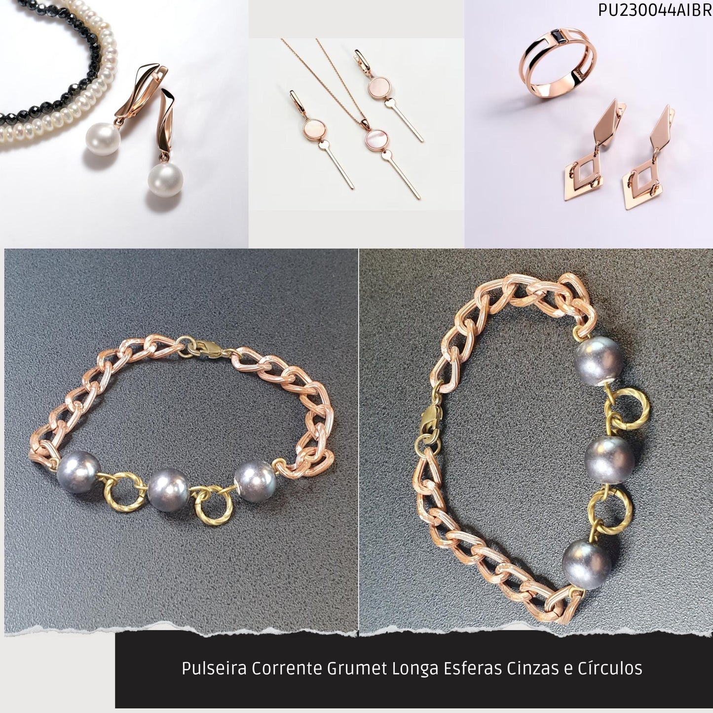Pulseira Corrente Grumet Longa Esferas Cinzas e Círculos   - Código.: PU230044AIBR  - Peso.: 7.9 gr