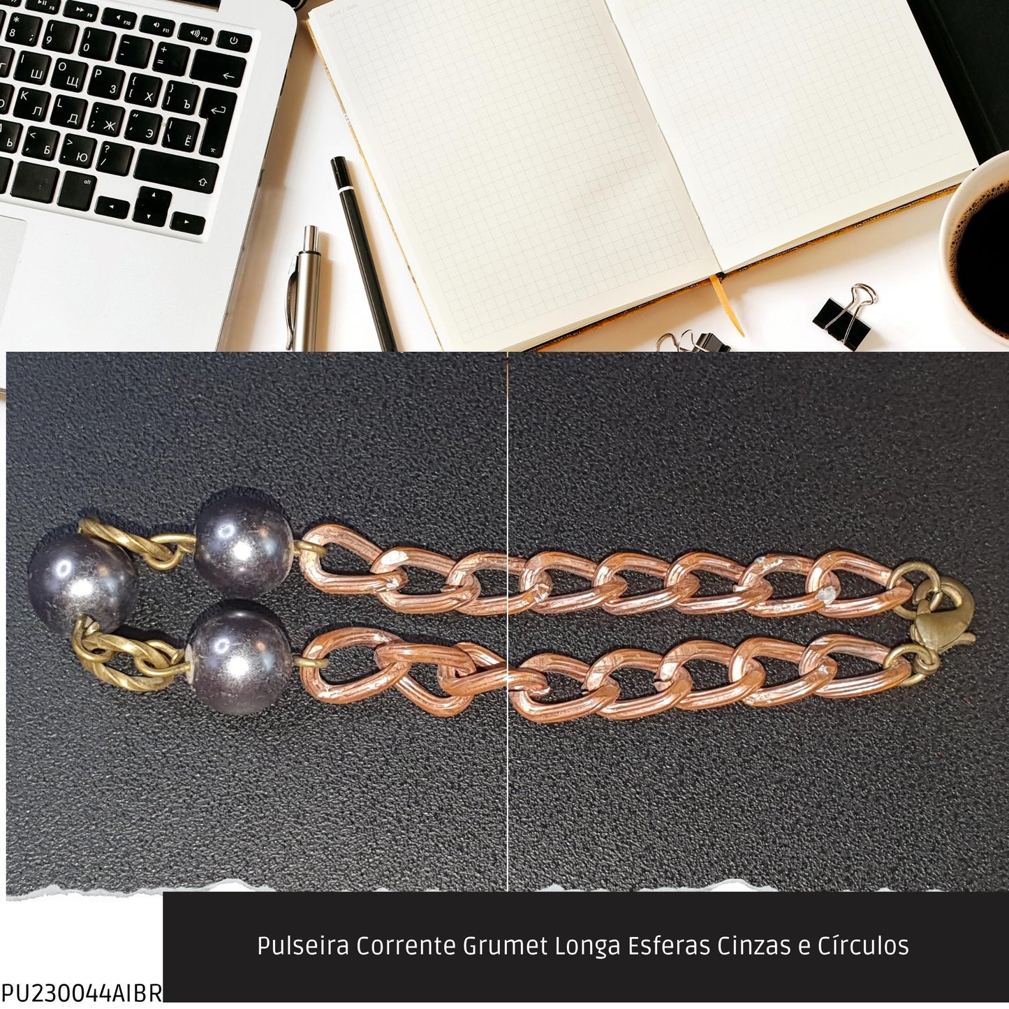 Pulseira Corrente Grumet Longa Esferas Cinzas e Círculos   - Código.: PU230044AIBR  - Peso.: 7.9 gr