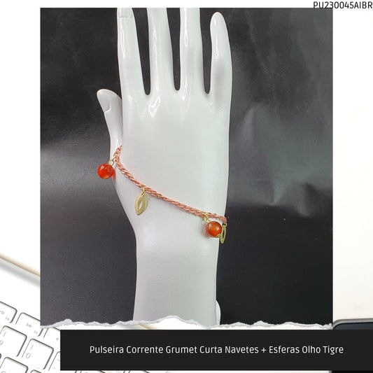 Pulseira Corrente Grumet Curta Navetes + Esferas Olho Tigre  - Código.: PU230045AIBR  - Peso.: 3.5 gr