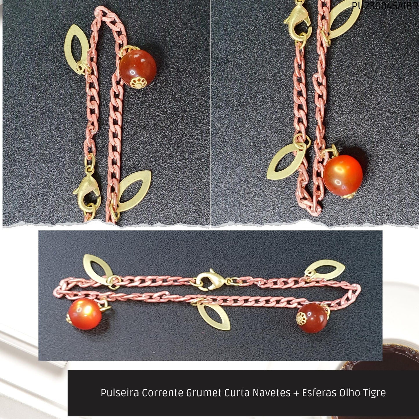 Pulseira Corrente Grumet Curta Navetes + Esferas Olho Tigre  - Código.: PU230045AIBR  - Peso.: 3.5 gr